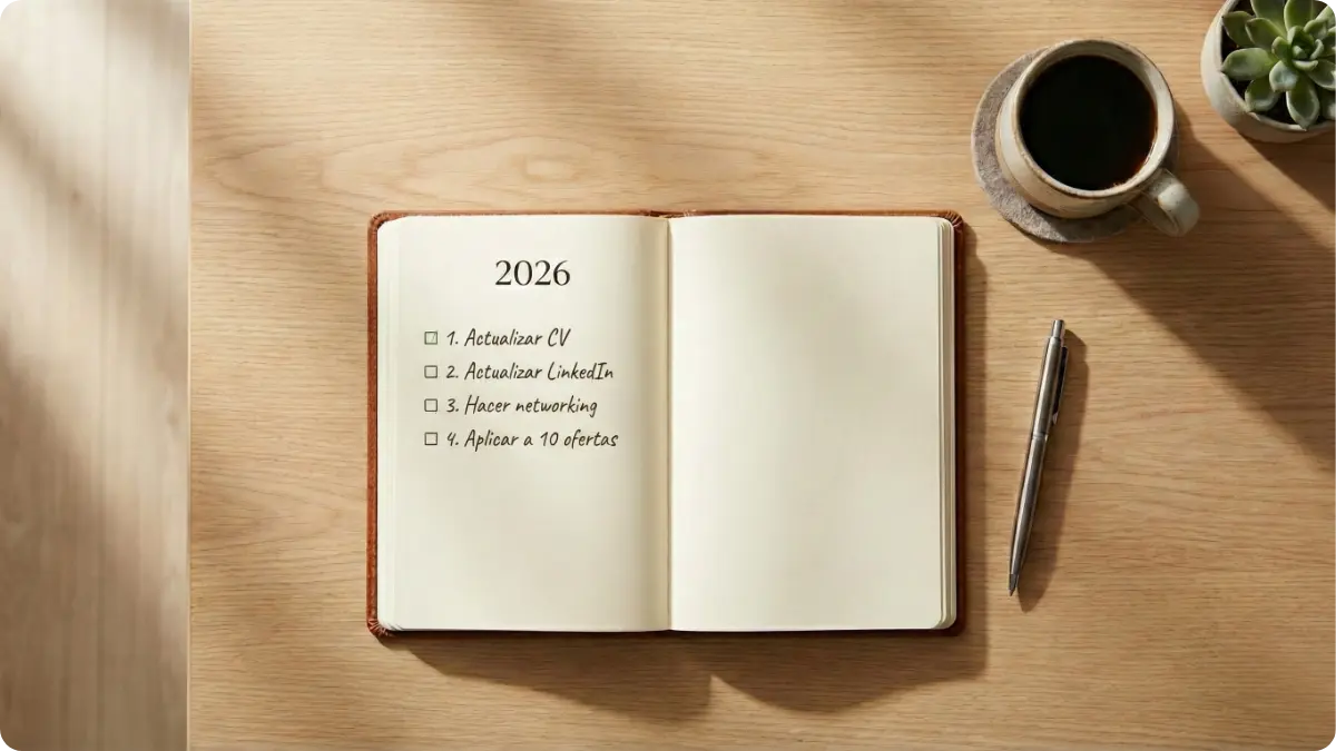 Agenda 2026 con lista de propósitos laborales y objetivos profesionales