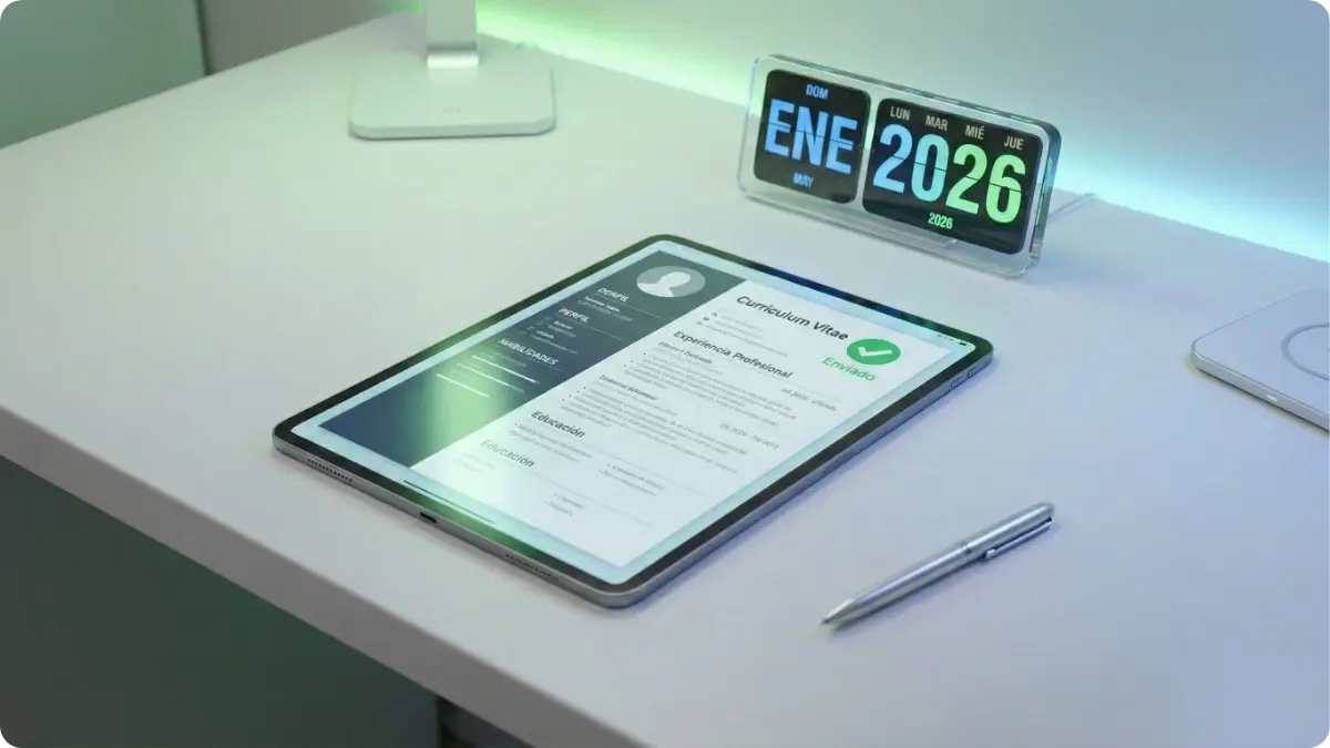 Escritorio moderno con tablet mostrando las tendencias de curriculum vitae para 2026