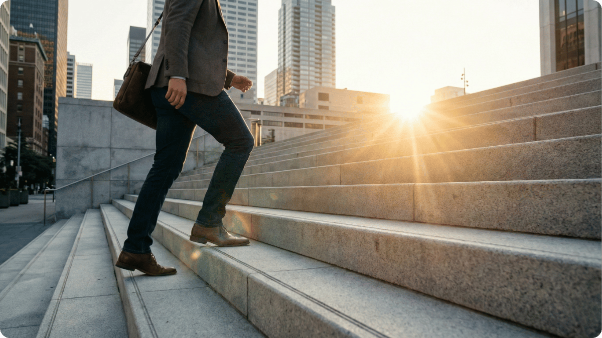 Profesional subiendo escaleras hacia el éxito laboral en la cuesta de enero