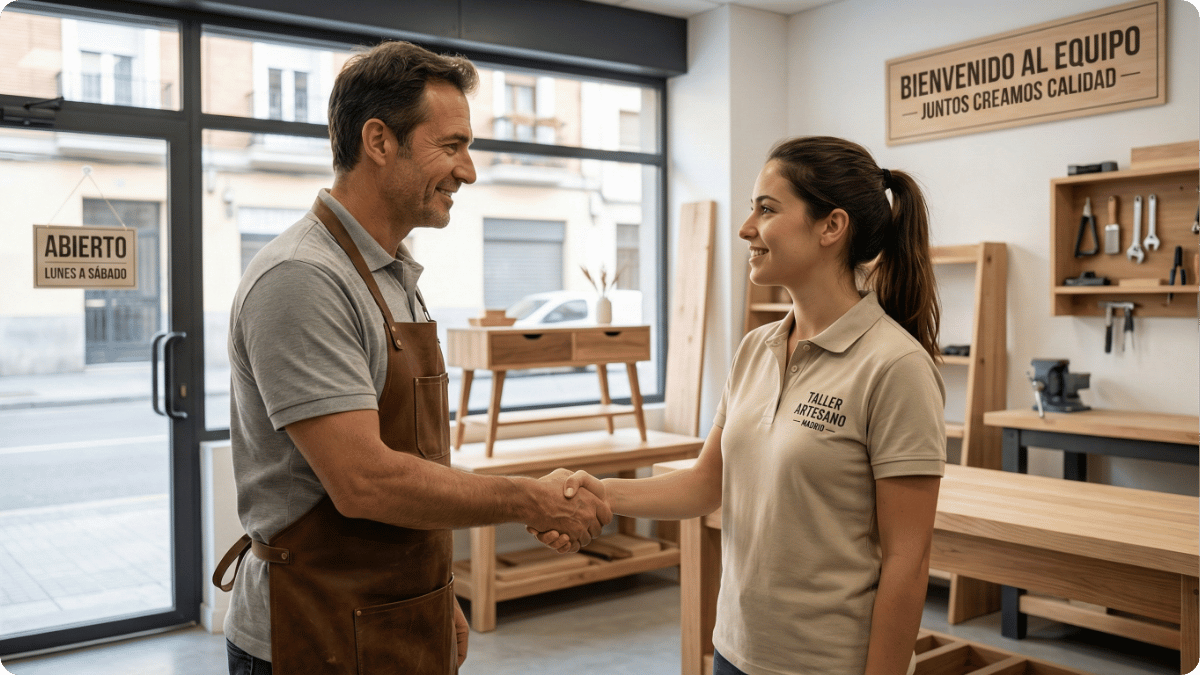 Encargado dando la bienvenida a un nuevo empleado con uniforme en un taller o tienda tras un proceso de onboarding digital eficiente