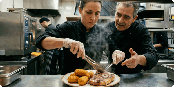 Cocinero profesional emplatando comida en la cocina de un restaurante medio de Madrid