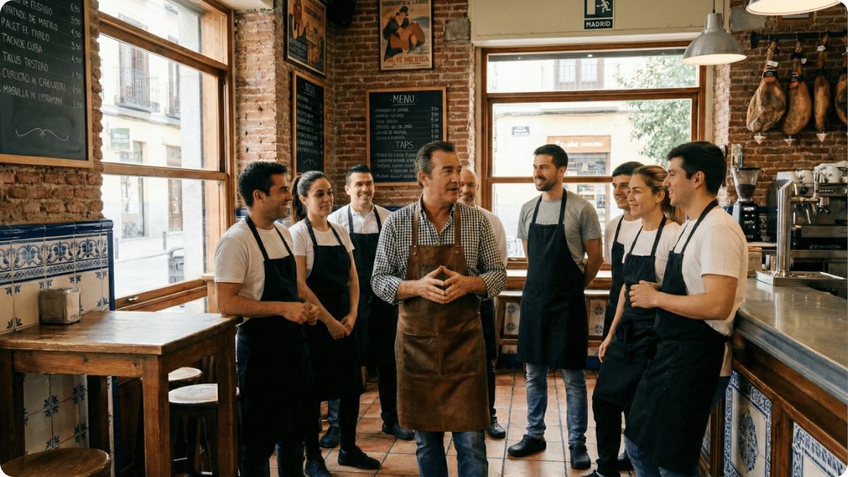 Dueño de bar en Madrid realizando un briefing con su equipo para captar al mejor talento hostelero en Madrid