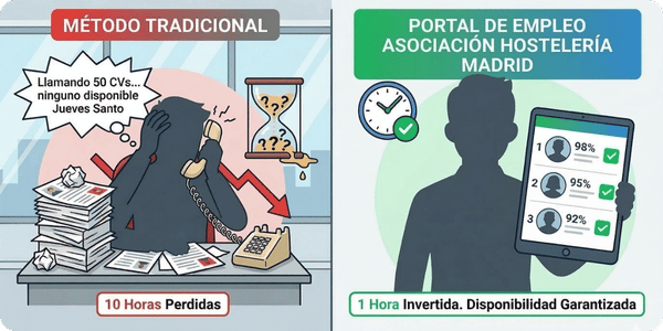 Gráfico comparativo de tiempo ahorrado al contratar personal de hostelería en Madrid para Semana Santa usando cuestionarios de disponibilidad