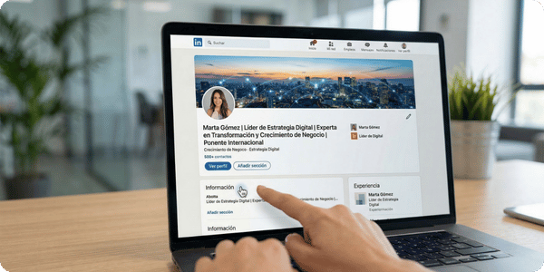 Ejemplo en pantalla de cómo optimizar perfil de LinkedIn con un buen titular y palabras clave