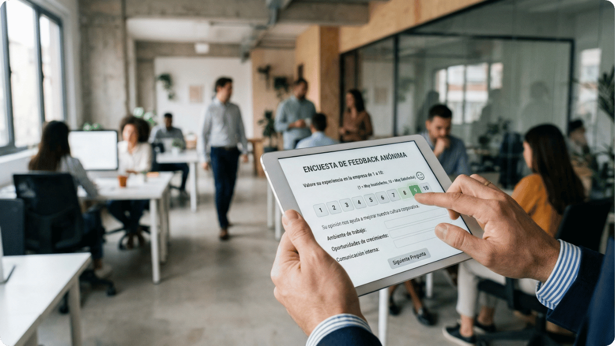 Empleado realizando una encuesta anónima para medir el employer branding de la empresa.