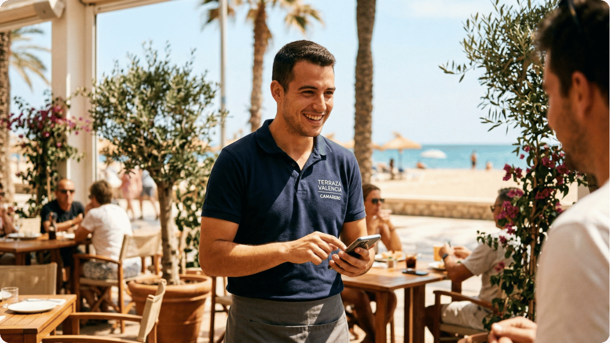 Camarero tomando un pedido de bebidas con un dispositivo para la digitalización procesos hostelería