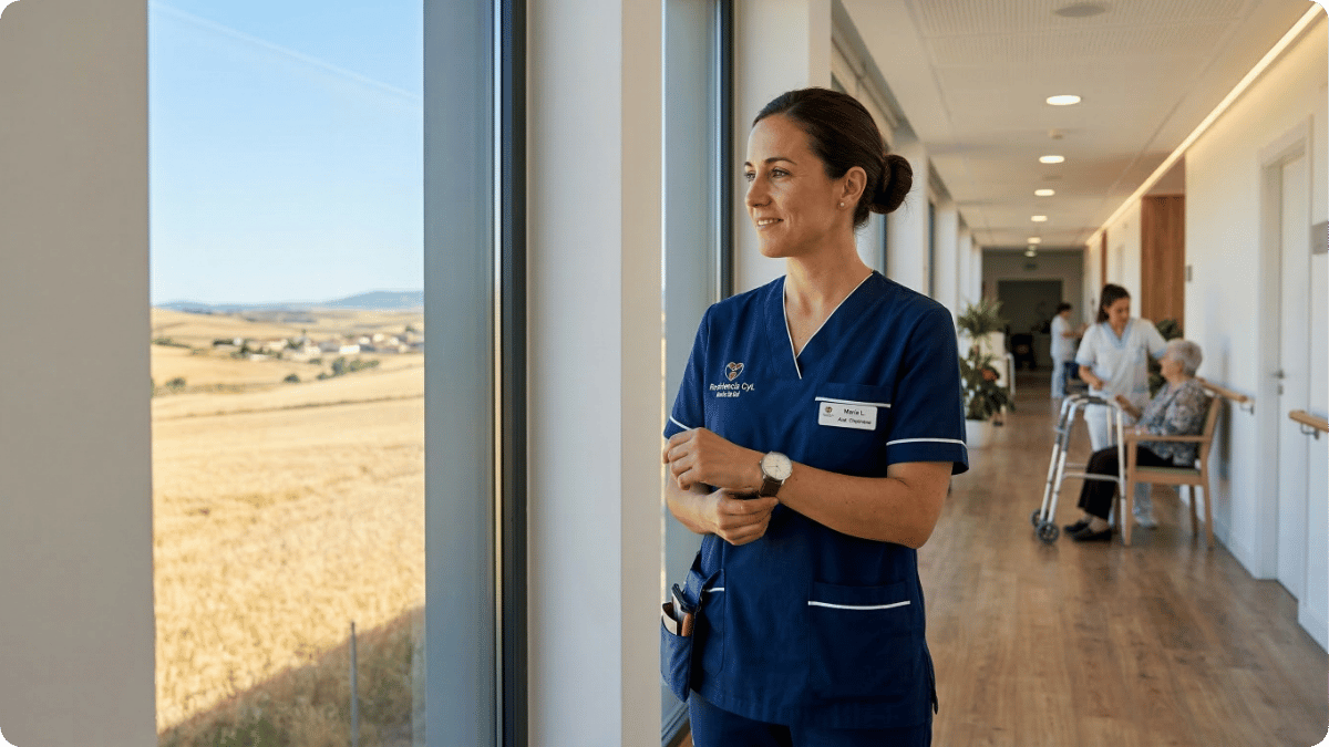 Profesional de geriatría en Castilla y León decidiendo fidelizar talento sector dependencia frente a las oposiciones públicas.
