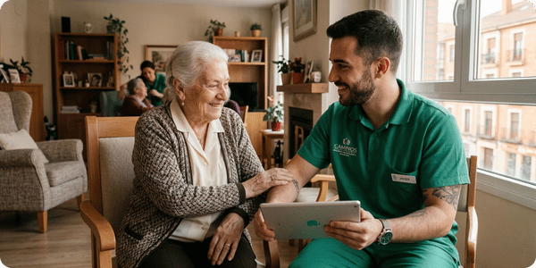 Cuidador de una residencia de Acalerte usando tecnología para fidelizar talento sector dependencia mediante el modelo de atención centrada en la persona.