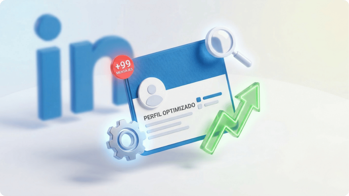 Tarjeta de perfil digital con iconos de crecimiento, representando cómo optimizar perfil de LinkedIn