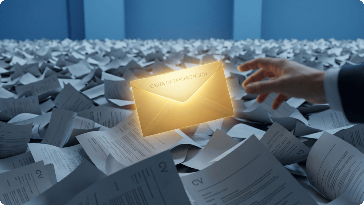 Una carta de presentación dorada y brillante flotando sobre millones de currículums grises