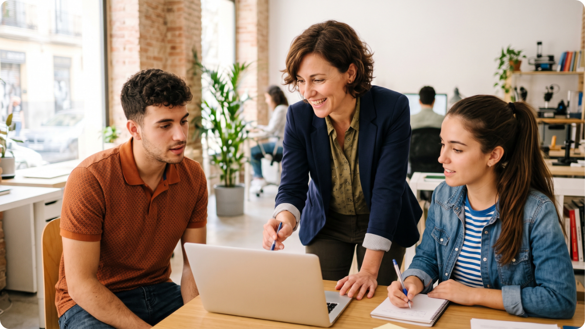 Un empresario y dos alumnos de FP en prácticas trabajando juntos en una pyme moderna.